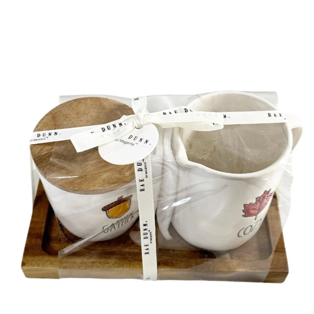 NEW Rae Dunn GATHER/COZY Cream & Sugar Set with Wooden Tray 🍁🍂🍁